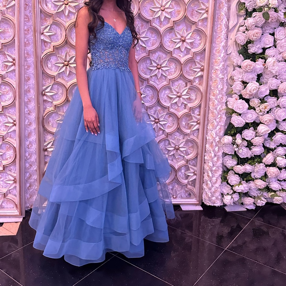 Elegant Blue Gown with Lace Bodice